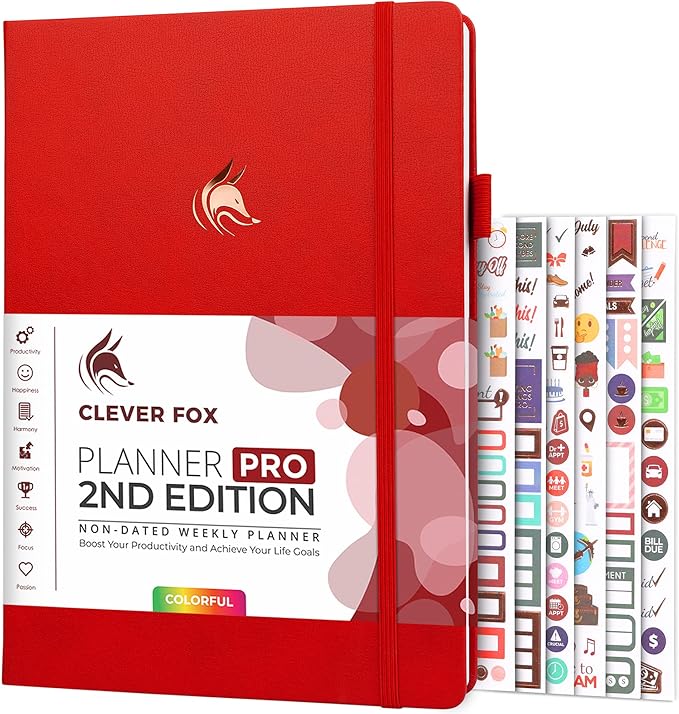 Clever Fox Planner PRO 2nd Edition – Undated Weekly Agenda Planner for Setting Goals, Tasks & Time Management – Life Organizer with To-do Lists & Habit Trackers – Large Format, 8.5x11″ (Red)
