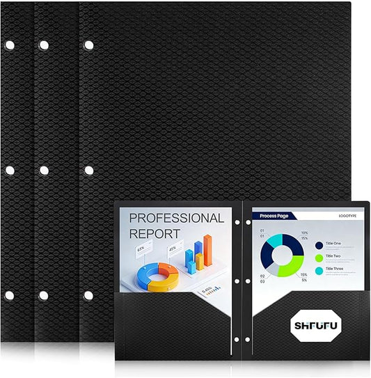 Textured 2 Pocket Folder, (3 Pack, Black) Plastic Folders with Pockets 3 Hole Punched, Fits Letter Size 3-Ring Binder, Heavy Duty Textured Folder for School,Office