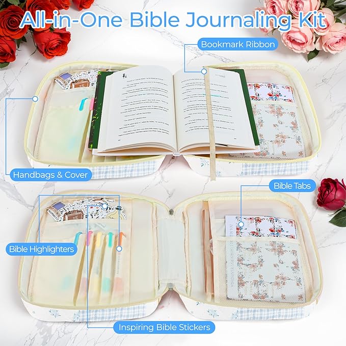 WOBAGMEN Bible Cover Case for Women,Large Bible Tote Bags Organizer Quilted Carrying Case for Girls,Bible Study Supplies Accessories Christian Gifts for Women (Blue Patchwork, M)