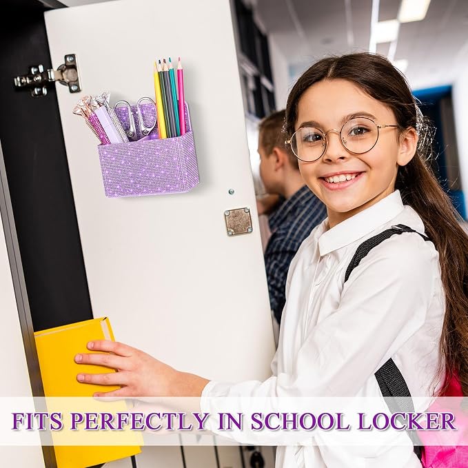 MotiMind Glitter Purple Locker Accessories for Girls, Bling Magnetic Pen Holder for Refrigerator, Back to School Rhinestone Marker Holder for Locker, Sparkly Gift for Student (Medium,Rhinestone)
