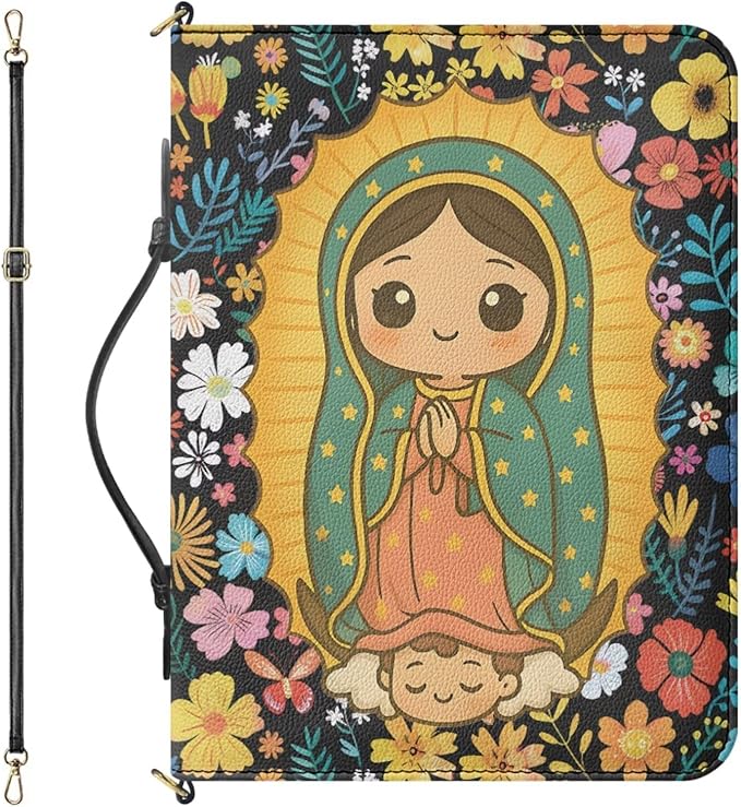 Our Lady of Guadalupe Design Bible Cover Case for Girls, Cute Bible Case for Girls with Strap and Handle, Extra Large Leather Bible Covers with Inner Pockets and Pen Loop, Church Bag for Girls