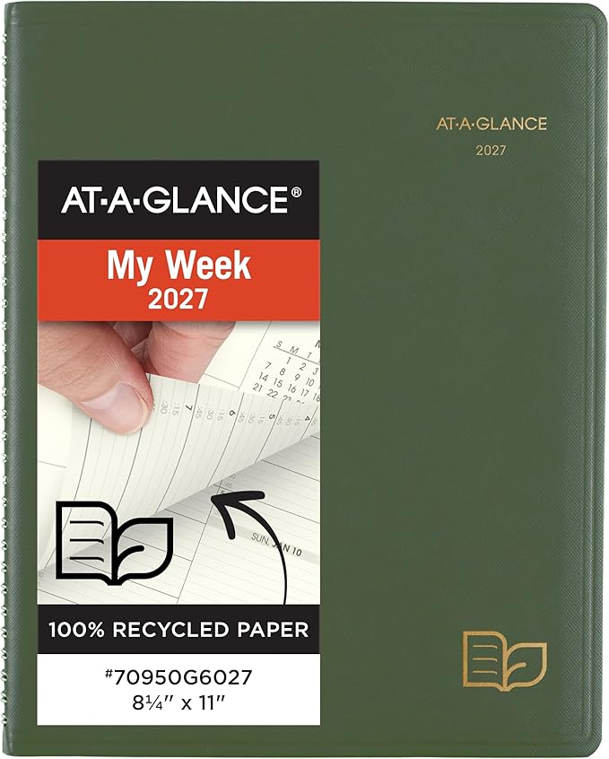AT-A-GLANCE 2027 Appointment Book Planner, Weekly & Monthly, 8.25" x 11", Quarter-Hourly, Recycled, Green (70950G6027)