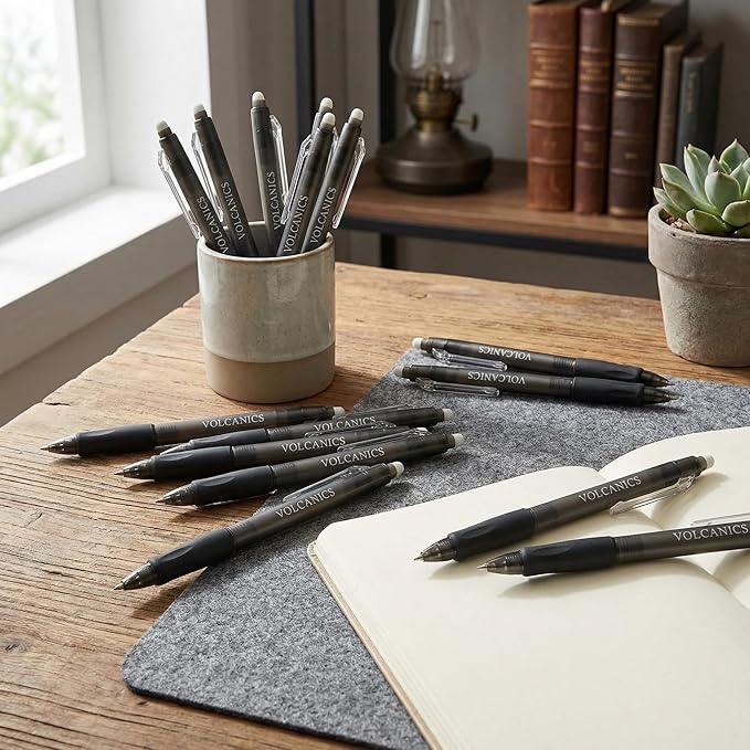 Volcanics Retractable Erasable Gel Pens Soft Black 12 Pack, 0.7mm Click Erasable Gel Ink Pens for Smooth Writing & Easy Erasing, Refillable Erasable Click Pens for School Office Supplies