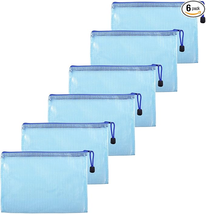 6 Pcs 5.31" x 7.68" B6 Sizes Mesh Zipper Pouch Bags, Mesh Bags with Zipper，Waterproof Clear document pouch for Organization Puzzles Travel, Office, Classroom Organization, B6 Blue