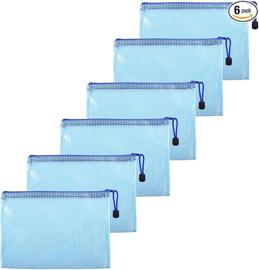 6 Pcs 5.31" x 7.68" B6 Sizes Mesh Zipper Pouch Bags, Mesh Bags with Zipper，Waterproof Clear document pouch for Organization Puzzles Travel, Office, Classroom Organization, B6 Blue