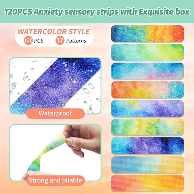 120 Pieces Anxiety Sensory Stickers with 2 Textured Stickers - Desk Fidget and Calming Stickers with Storage Box for Adults & Teens - Anxiety Relief Sensory Strips (Watercolor)