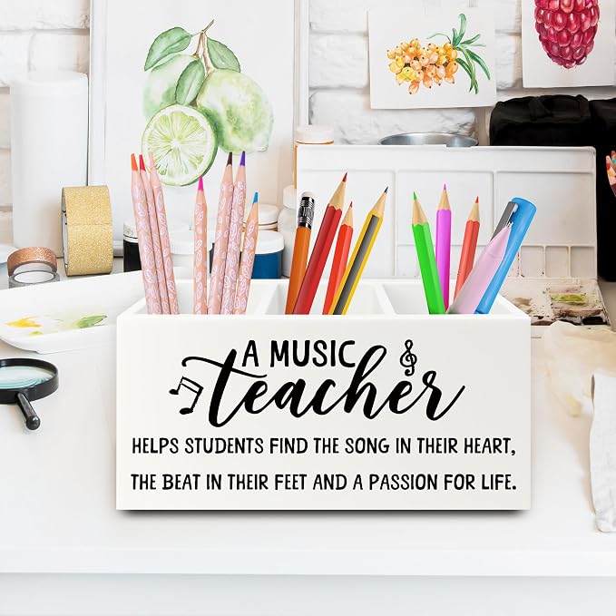 Music Teacher Pen Pencil Holder Organizer for Desk, Music Teacher Gifts, Teachers Appreciation Gifts for Women Men Wooden Box Sign for Office Workplace Classroom Desk Tabletop Decorations