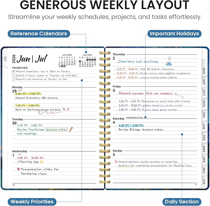 2026–2027 Academic Planner Book, Weekly and Monthly Layout, July 2026 to June 2027, Hardcover Agenda with Tabs, A4 (8.5" x 11"), School and Office Supplies - Starlit Peaks