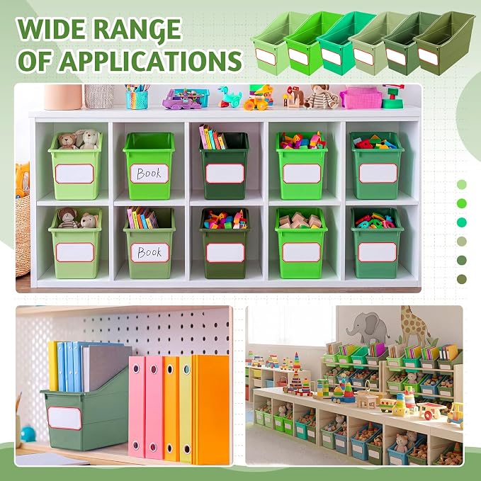Teling 12 Pcs Book Bins Bulk - Plastic Book Storage Bin with Labels for Classroom Interlocking Magazine Holder Organizer Binder Container Box for School Office Desktop Bookshelf Home (Gradient Green)