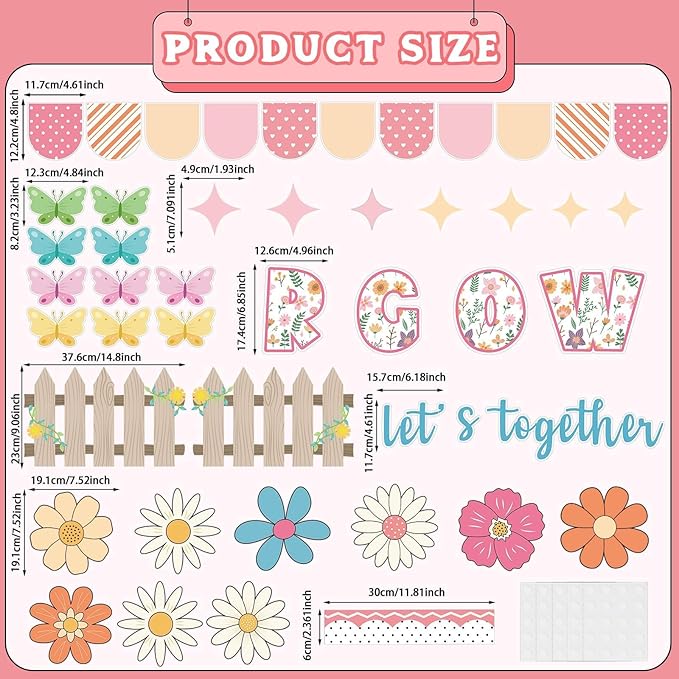 Spring Bulletin Board Decorations Set Motivational Let's Grow Together Bulletin Board Spring Butterfly Paper Cutouts Colorful Flower Classroom Decorations for School Home Office Chalkboard Supplies