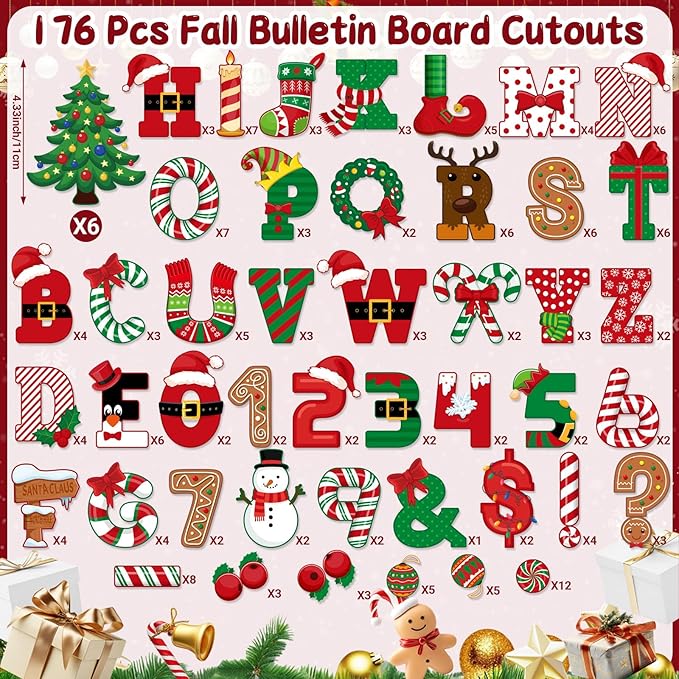 Faccito 176 Pcs Christmas Bulletin Board Decorations Letters Numbers Alphabet Punctuation Symbols Combo Christmas Paper Cutouts Red Green Classroom Decorations for School Chalkboard Party Crafts