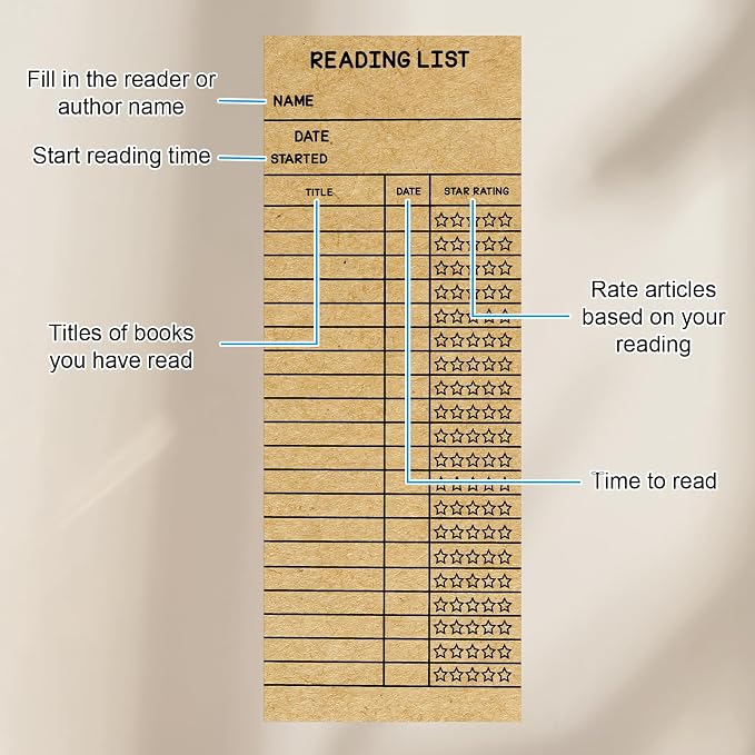 LOTMER 100 PCS Reading List Bookmark, 3 x 8 Inch Personal Libraries Cards, Reading Log Bookmark for Gifts and Literary Supplies for Reading Enthusiasts (Brown)