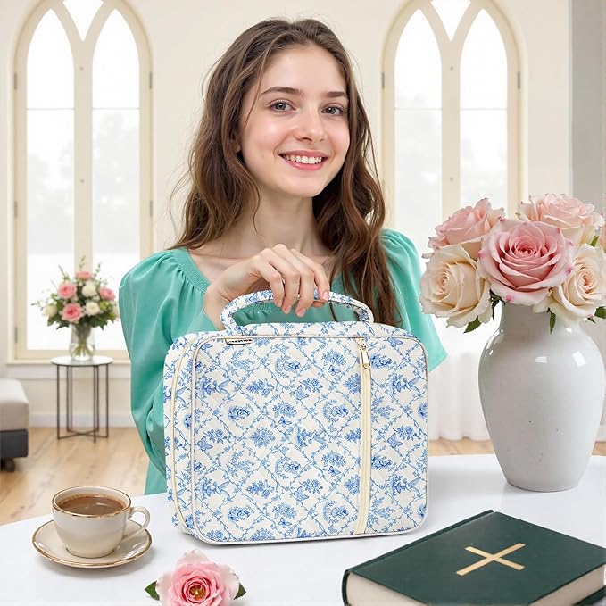 WOBAGMEN Bible Cover Case for Women,Large Bible Tote Bags Organizer Quilted Carrying Case for Girls,Bible Study Supplies Accessories Christian Gifts for Women (Vintage Blue, L)