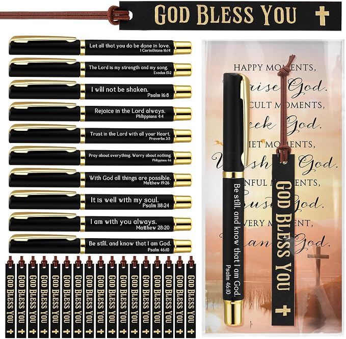Skyygemm 40 Set Fathers Day Christian Gifts Bulk Bible Verse Pens God Bless You Bookmarks and Prayer Cards with Bags Religious Gifts for Men Church Sunday School Party Favors (Black)