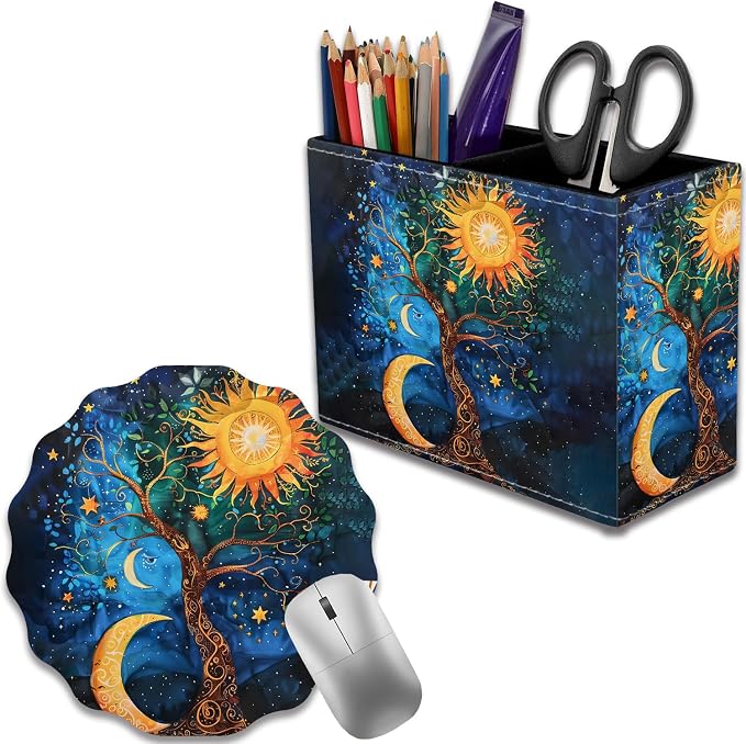 Pen Holder for Desk, PU Leather Multifunctional Desktop Storage Box and Anti-Slip Mouse Pad Set, Makeup Brush Holder Pen Organizer for Office and Home - Sun Moon Stars
