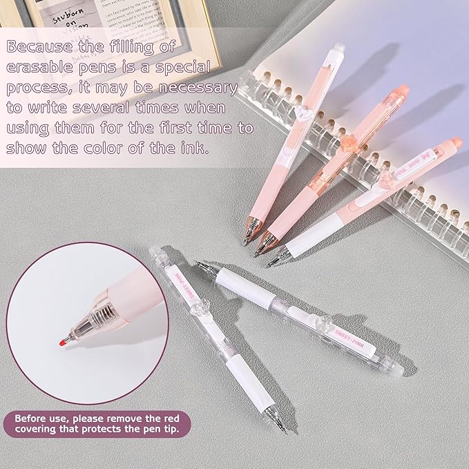 8 Pcs Cute Erasable Gel Pens with Erasers, 0.5 mm Fine Point Black & Blue Ink Pens, Smooth Writing Retractable Pen for Note Taking and Crossword Puzzles (Pink)
