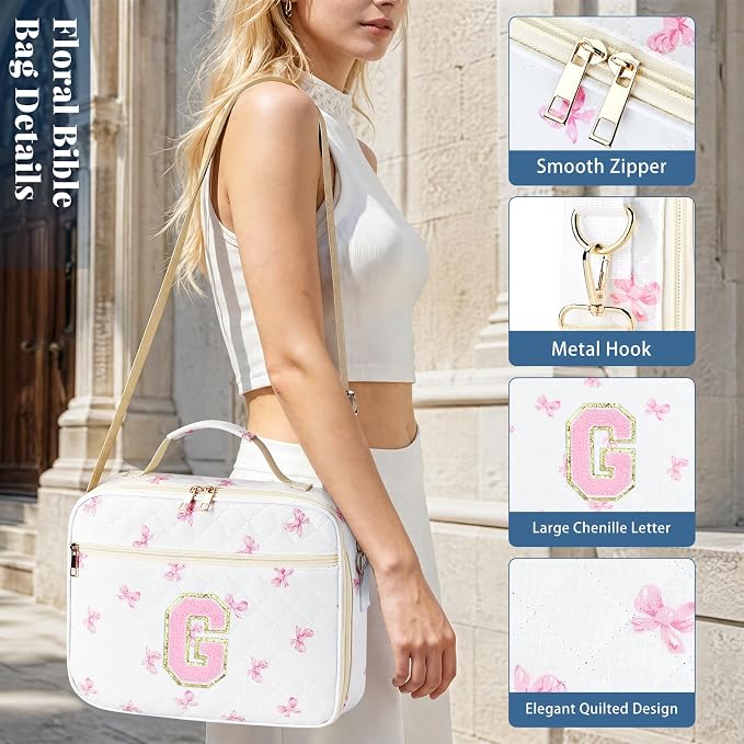 Personalized Initial Bible Cover Case for Women, Large Quilted Bible Bag with Durable Handle, Stylish Church Bag Journaling Kit with Study Supplies Accessories, Christians Gifts for Women (Pink-G)
