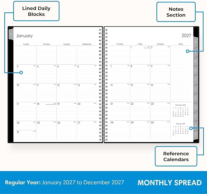 Blue Sky 2027 Weekly and Monthly Planner Calendar, Includes January 2027 - December 2027, 8.5" x 11", Flexible Cover, Wirebound, Laminated Tabs, Storage Pocket, Enterprise