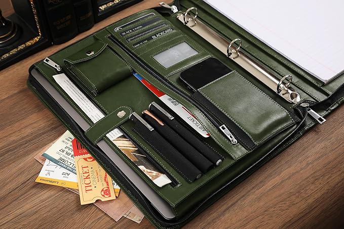 Green Leather Padfolio for Women/Men, Business 3 Ring Portfolio Binder, Personalized Zippered Organizer for A4 Notepad & 13-inch Laptop/Tablet