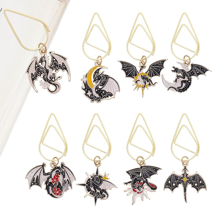 Fourth Wing Dragon Bookmark - 8 PCs Fantasy Cool Acotar Moon Paper Clips Book Marks Personalized Charm Page Marker Gifts Reading Lovers Novel Fans Women Men Boy Student School Accessories