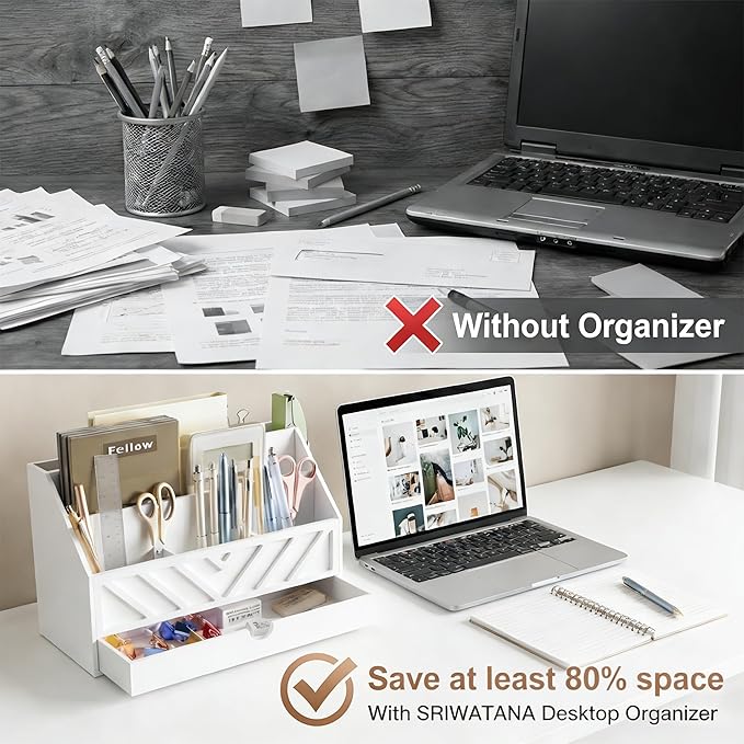 SRIWATANA White Mail Organizer Countertop, 5 Slots Mail Holder with Drawer, Office Desk Organizer, Letter Sorter File Bill Holder Paper Storage for Home Office School