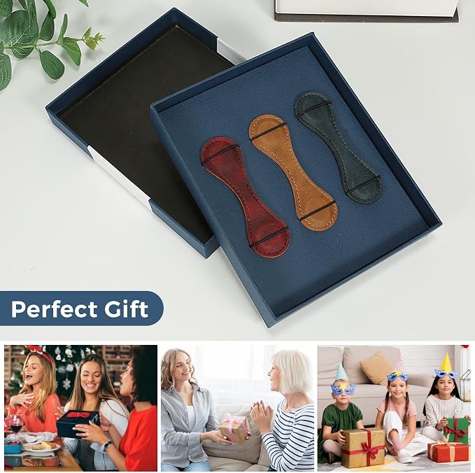 3PCS Magnetic Leather Bookmarks with Gift Box, Vintage Handmade Book Marks for Reading, Leather Magnetic Page Clips for Women Men Book Lovers, Teacher Appreciation Birthday Christmas Gifts