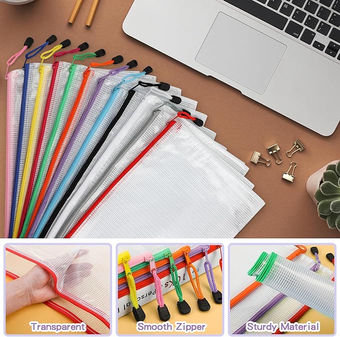Umriox Small Zipper Pouch, 9.5x7.1 in (12 Colors, 36 Packs), Mesh Bags, Zipper Bags for Office Supplies Travel Storage