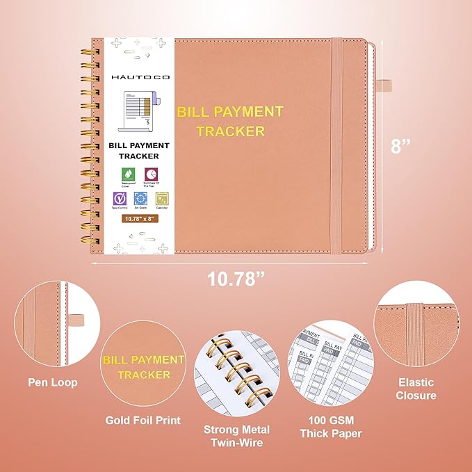 HAUTOCO Hardcover Bill Tracker Notebook Horizontal Monthly Bill Payment Organizer for Personal Budgeting Home Finance with 2 Storage Pocket Expense Checklist Tracking Planner 10.78 x 8'', Pink