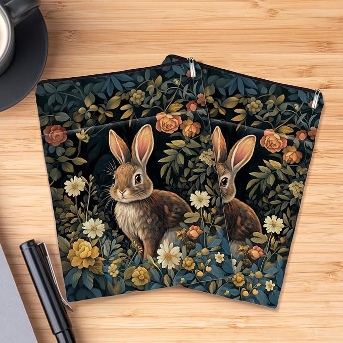 Vintage Flower Rabbit William Morris Book Sleeve for Book Lovers, Bookish Book Protector with Zipper, Washable Fabric Book Cover for Paperbacks & Hardcovers,11.4 x 9.1Inches (Black-Rabbit, Medium)