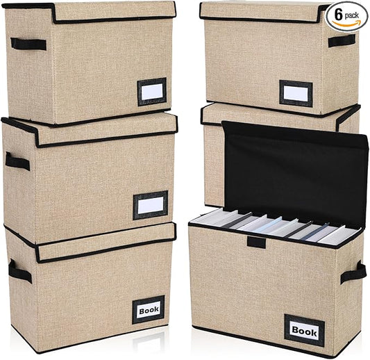 Chuangdi 6 Pcs Comic Book Storage Boxes, Back to School Collapsible Comic Short Box Case with Lid, 15.8 x 7.9 x 11.4 Inch Book Bin Container Holds 150 Comics(Beige)