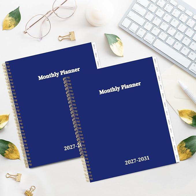 2027-2031 Monthly Planner 5 Year Monthly Planner/Calendar 2027-2031, Jan 2027 – Dec 2031, 9" x 11", Tabs, Double-Side Pocket, Holidays, Thick Paper - Navy Blue