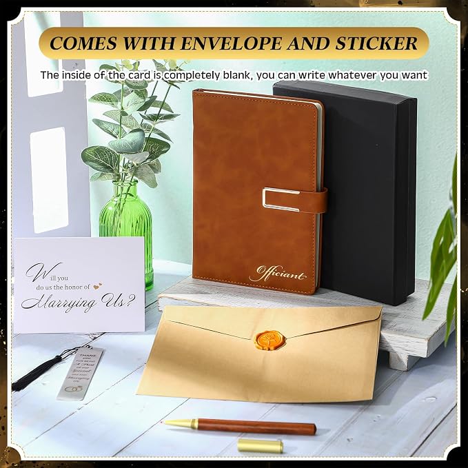 7 Pcs Officiant Gift Set Includes Leather Hardcover Proposal Officiant Book Black Ink Pen Thank You Card with Envelope and Sticker Bookmark Gift Box for Wedding(Brown)