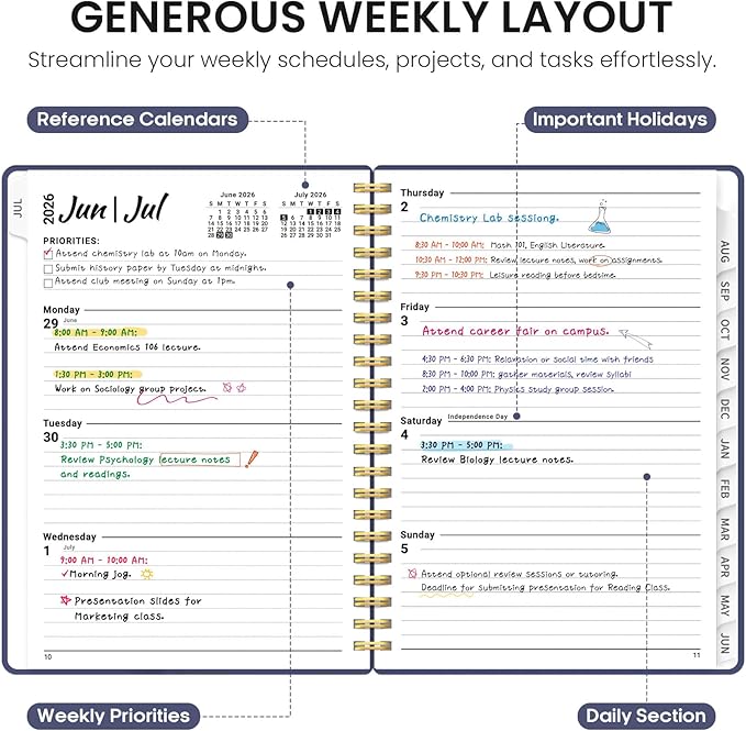 Planner 2026-2027, Academic Year Weekly and Monthly Calender Planner, from Jul 2026 - Jun 2027, Spiral Bound School Planning Book, Perfect for Teacher, Student, Women & Men, A5 (6.3" x 8.5"), Royal Flutter