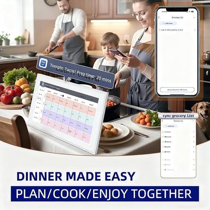10.1 Inch Digital Calendar with Chore Rewards – Smart Electronic Family Organizer, Touchscreen, Meal Planner & Photo Frame, Syncs with Google/iCloud, for Wall or Desk, White