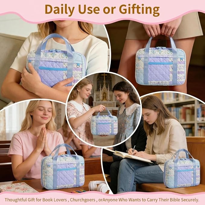 Quilted Bible Cover for Women, Zippered Bible Case with Handle, Bible Organizer Bag w/Multiple Pockets & Pen Slots Lightweight Bible Tote Bag for Church Study, Gifts for Women (Spliced Flower, Blue)