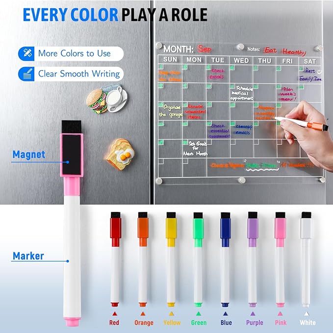 Acrylic Fridge Calendar, Magnetic Monthly Planner with 8 Color Markers, Clear Dry Erase Board for Events/Meetings/Shopping Lists - 14.5 * 11.5''