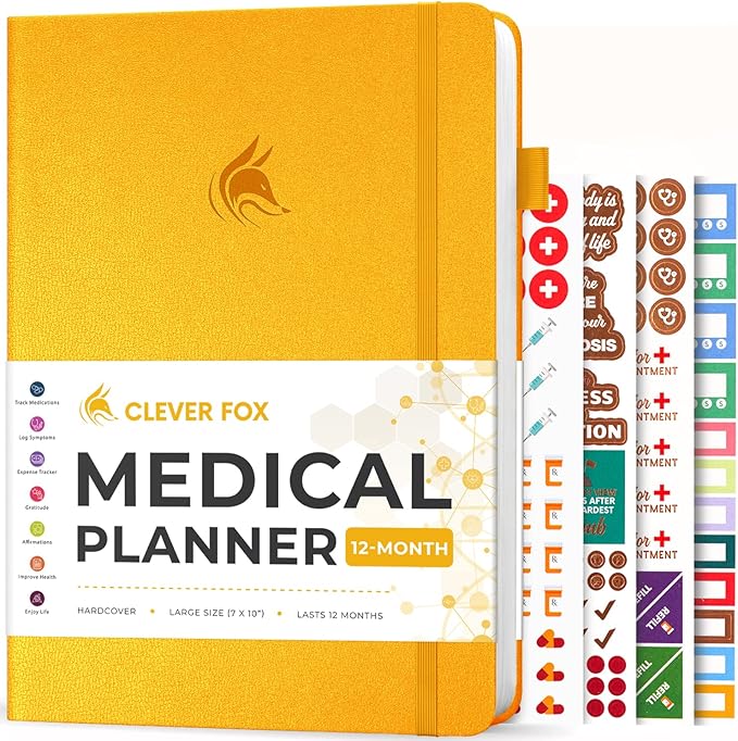 Clever Fox Large Medical Planner 12-Month – Medical Notebook, Health Diary, Wellness Journal to Track Health – 12 Months, 7x10.5″ (Amber Yellow)