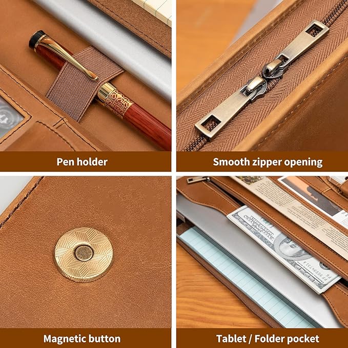 YIWEN Handmade Leather Portfolio, Zippered Padfolio Organizer Case, 8.5 x 11" Notepad Holder and 13" Tablet Folio, Professional Business Travel Gift for Women and Men (Brown, Crazy Horse Leather)