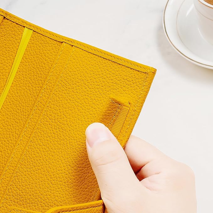 Genuine Leather Cover for Hobonichi Weeks/Weeks Mega with Pen Loop, Card Slots, Back Pocket, and Bookmarks (Yellow)