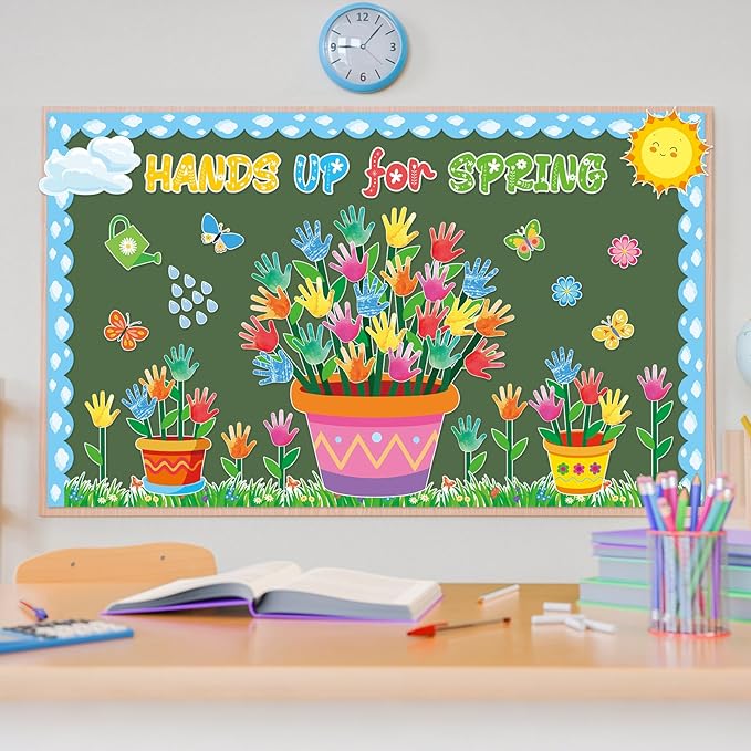 Spring Classroom Bulletin Board Decorations Hands Up for Spring Cutouts Colorful Handprint Flowers Bulletin Board Decoration for Classroom School Office Chalkboard Home Wall Door Decor Supplies