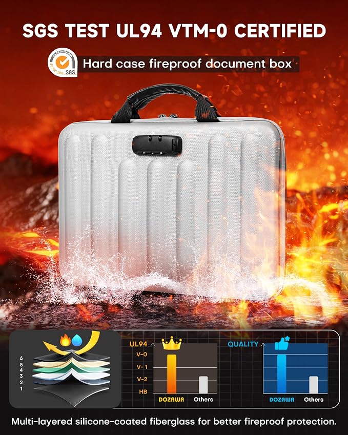 DOZAWA Fireproof Document Box, Hard Case Document Organizer with Lock, 13 Pockets Accordion File Folder with Reflective Strip, Waterproof Safe Box for Important Documents & Valuables Storage, Silver