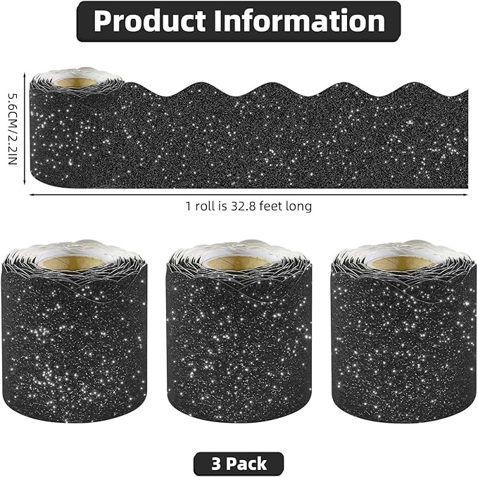 3 Rolls 98.4 Ft Glitter Bulletin Board Borders Set - Black Bulletin Board Decorations for Classroom, Office，School Supplies & Home DIY - Perfect for Teachers, Posters & Birthday Party Decor