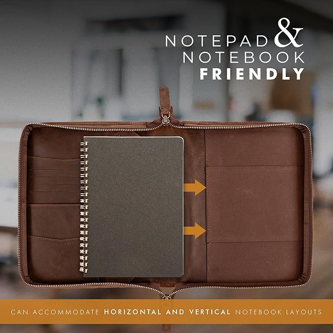ELIZO Leather A5 Portfolio Padfolio Folio A5 Notebook Journal Cover Planner Binder Small Mens Business Work Folder Organizer (Grizzly)