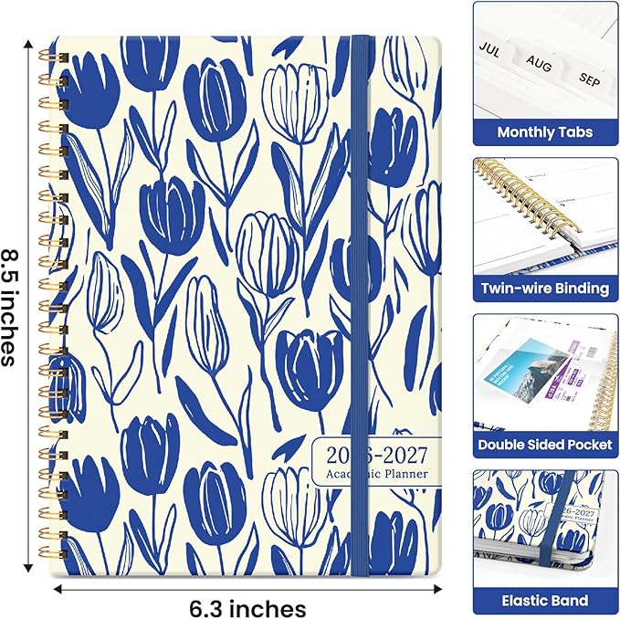 Planner 2026-2027, Academic Year Weekly and Monthly Calender Planner, from Jul 2026 - Jun 2027, Spiral Bound School Planning Book, Perfect for Teacher, Student, Women & Men, A5 (6.3" x 8.5"), Indigo Tulips