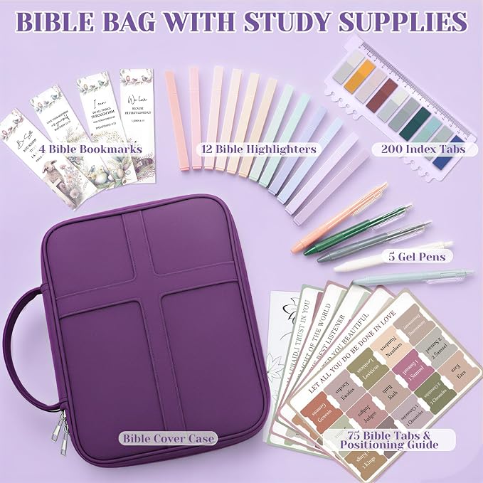 XKDOUS Bible Cover, Large Bible Bag with Durable Handle, Cross Design Waterproof Bible Case with Bible Study Supplies, Christian Gift for Mom, Women and Men (Purple)