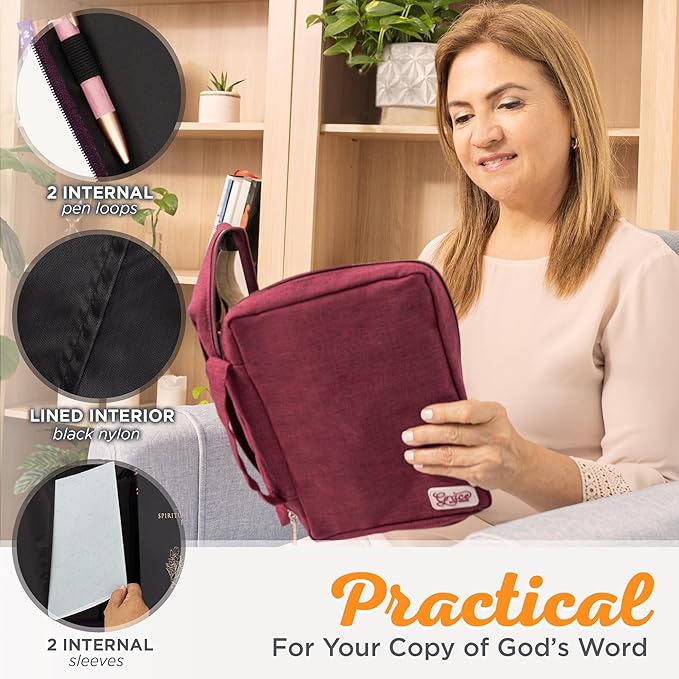 Christian Art Gifts Value Poly-Canvas Bible Cover Case for Women: Grace Upon Grace - John 1:16 Inspirational Scripture w/White Rubber Badge, Pocket, Pen Loops to Organize Accessories, Plum, Medium