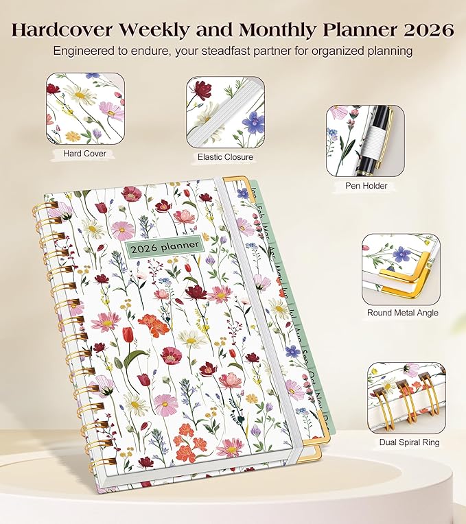 2026 Planner, Hardcover Weekly and Monthly Planner for Women, January 2026 - December 2026, Spiral Yearly Agenda Organizer Book 2026 with Tabs, Daily Calendar Planners for School Work Home, A5 (5.75" x 8.38"), Wildflower Garden