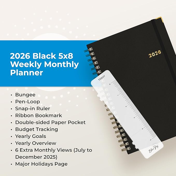 Blue Sky 2026 Weekly and Monthly Planner Calendar, January 2026 - December 2026, 5" x 8", Faux Leather Cover, Durable Twin Wire Binding, Storage Pocket, Laminated Tabs, Includes Pen Loop, Bungee, Ruler, Black