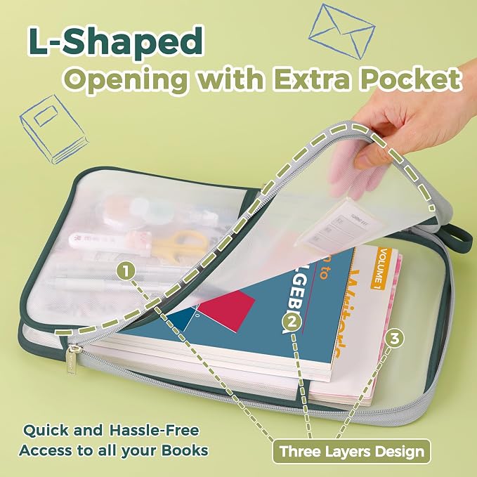 Pendancy Mesh Zipper Pouch 14.8x10.8 in Transparent Lightweight Nylon File Folders, A4 Size Multi-Layer Subject Document Organizer Accessories Storage Bag for Office and School Supplies(Green)