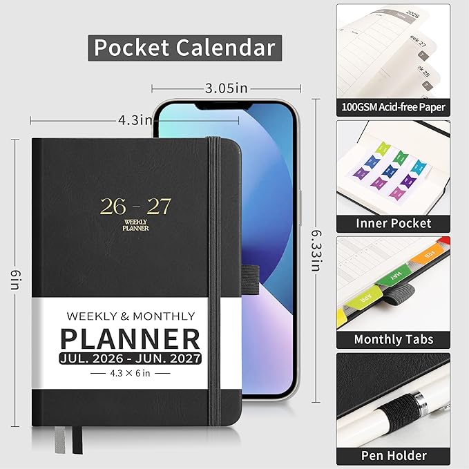 EMSHOI Pocket Calendar 2026-2027, Small Mini Academic Planner Weekly and Monthly, July 2026-June 2027, School Student Teacher Agenda, Leather Hardcover, 100GSM Paper, Tabs, A6 4.3"x6", Black